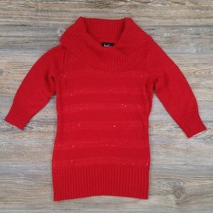 Red Striped Sparkly Sequined Cowl Neck Sweater Top